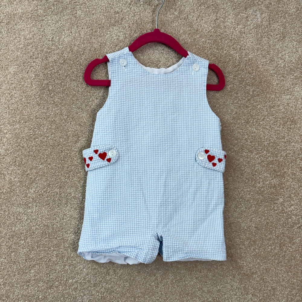 LITTLE ENGLISH Jon Jon Romper Size 9M Blue Gingham Heart Seersucker Valentine